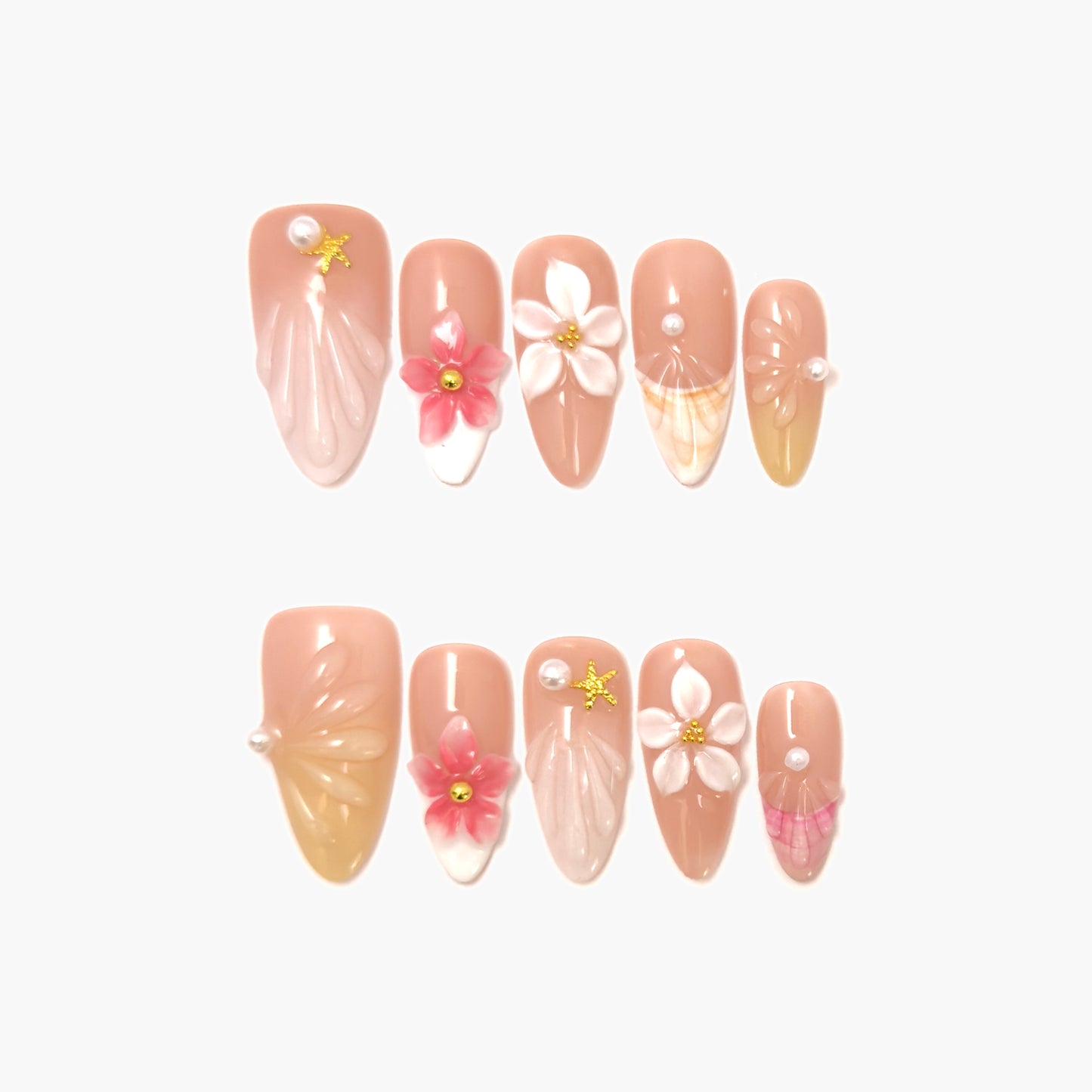 Seashell Blossom Press-On Nails – Nude Base with 3D Seashell and Flower Accents, Medium Almond Full-Cover Set