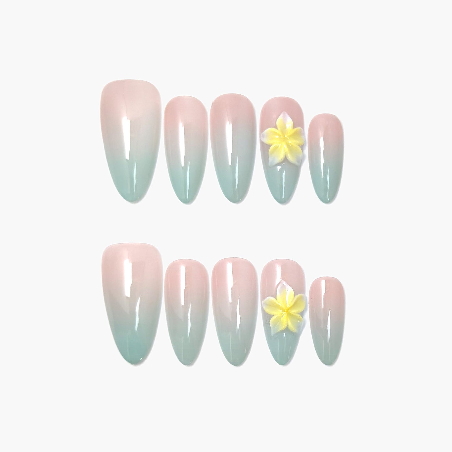 Honalulu Press-On Nails – Mint & Nude Gradient with Single 3D Yellow Petal Accent, Medium Almond Full-Cover Set
