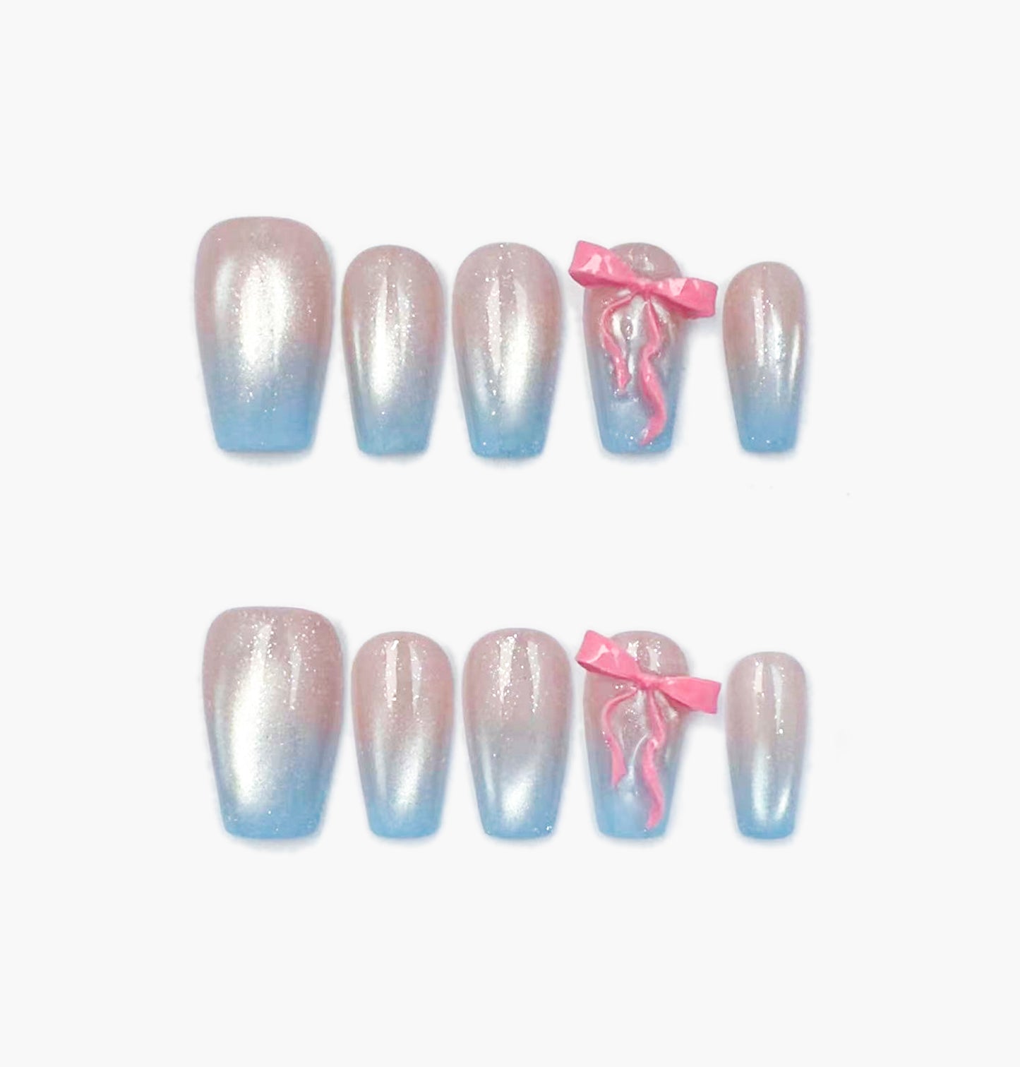 Baby Doll Press-On Nails – Silver & Light Blue Gradient with 3D Pink Bow, Short Coffin Full-Cover Set