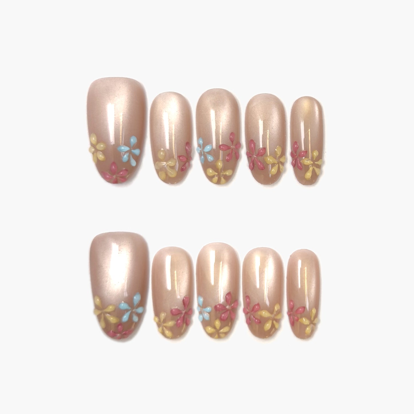 Petal Breeze Press-On Nails – Soft Gradient Cat Eye with 3D Purple Petal Accents, Medium Oval Full-Cover Set