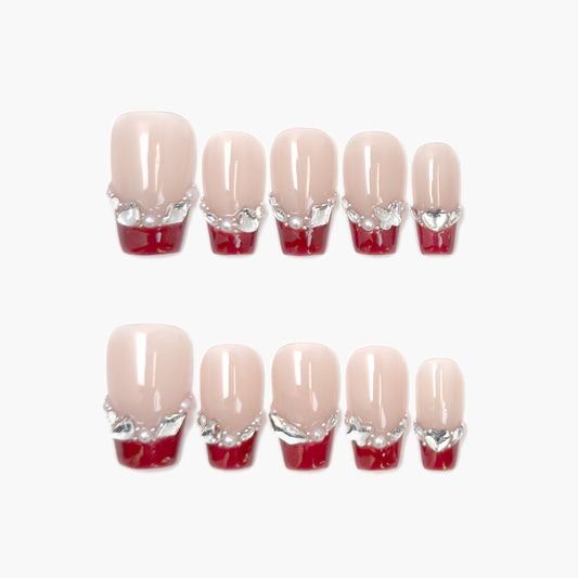 Waltz Press-On Nails – Nude French Tip with Teardrop Gems Accents, Medium Coffin Full-Cover Set
