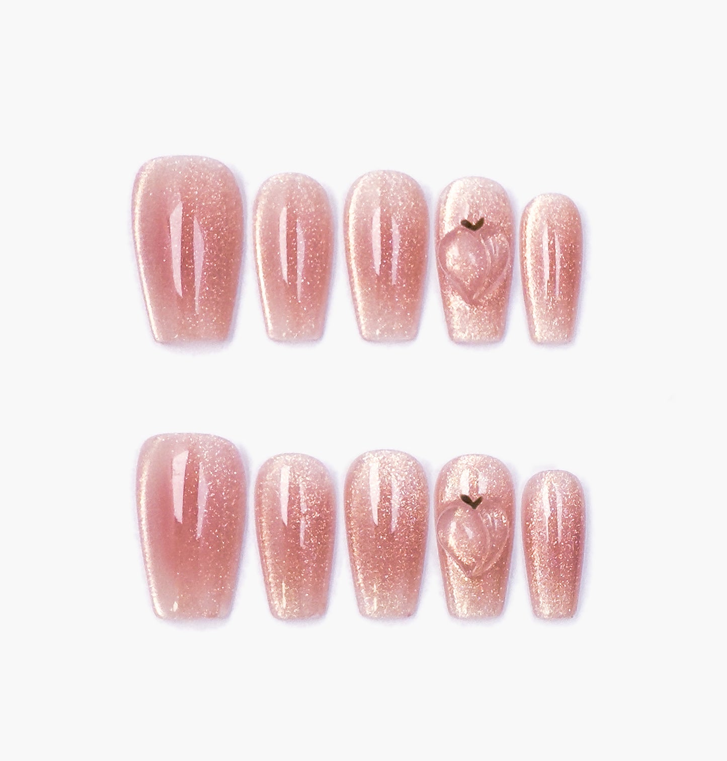 Peachy Press-On Nails – Pink & Gold Glitter with 3D Peach Design, medium coffin Full-Cover Set