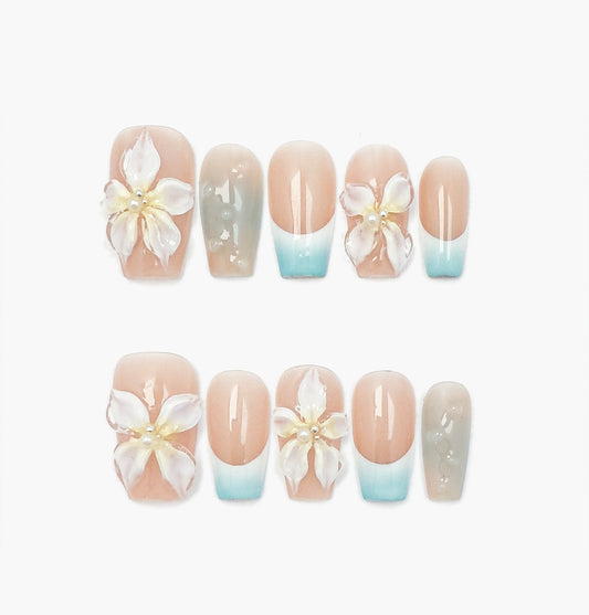 Tropical Paradise Press-On Nails – Nude & Light Blue Gradient Cat Eye with 3D Flower Charms, Medium Coffin Full-Cover Set