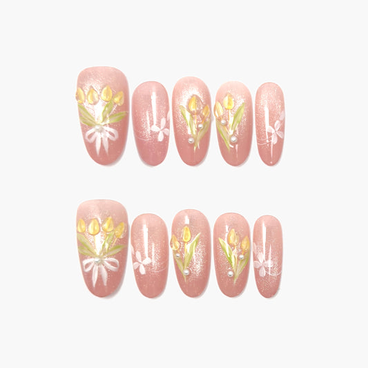 Bloom for Me Press-On Nails – Pink Glitter Cat Eye with 3D Tulip and Leaf Accents, Medium Almond Full-Cover Set