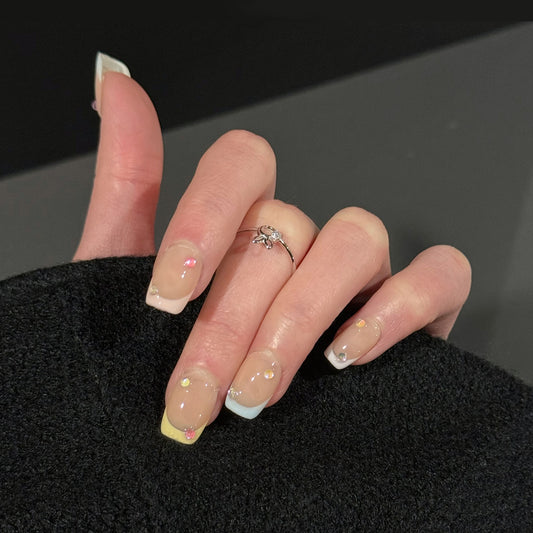 Cotton Candy 3D French Tip Press-On Nails – Pastel Mint, Pink & Yellow Tips with Gemstone Accents, Worn on Hand