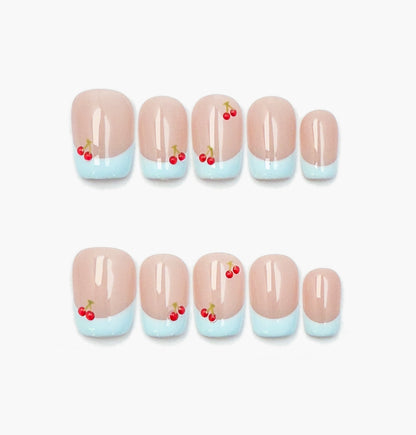Cherry Frost Press-On Nails – Light Blue French Tip with Hand-Painted Red Cherries, short square Full-Cover Set