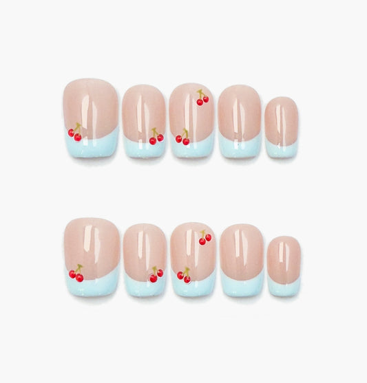 Cherry Frost Press-On Nails – Light Blue French Tip with Hand-Painted Red Cherries, short square Full-Cover Set
