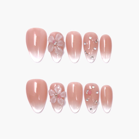 Blush Petal Press-On Nails – Soft Nude Gradient with 3D Pink Petal and Gems Accents, Short Almond Full-Cover Set