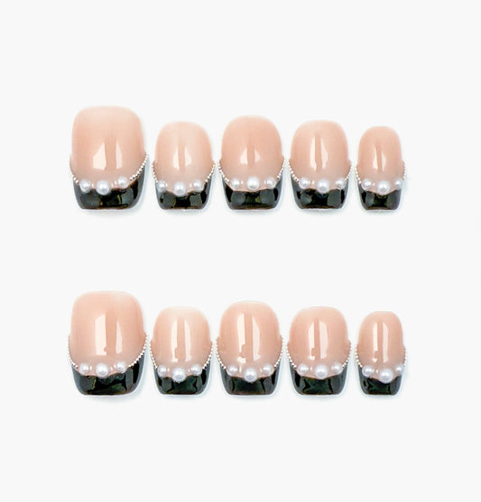 Black Velvet Press-On Nails – Nude Base with Black French Tip and Pearls Accents, Short Square Full-Cover Set