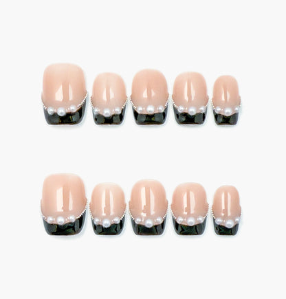Black Velvet Press-On Nails – Nude Base with Black French Tip and Pearls Accents, Short Square Full-Cover Set