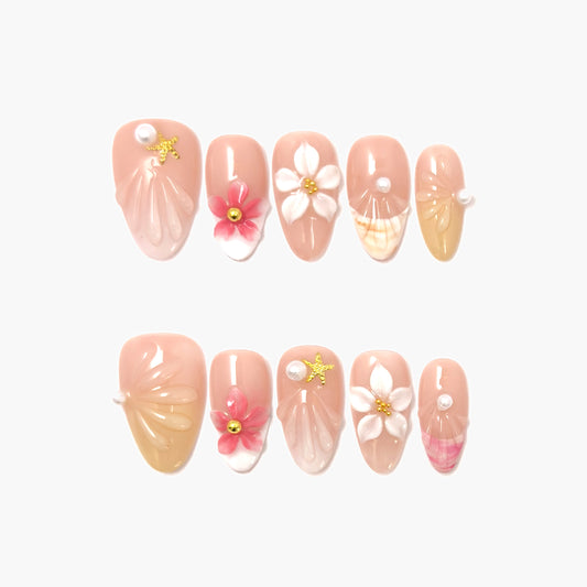 Seashell Blossom Press-On Nails – Nude Base with 3D Seashell and Flower Accents, Short Almond Full-Cover Set