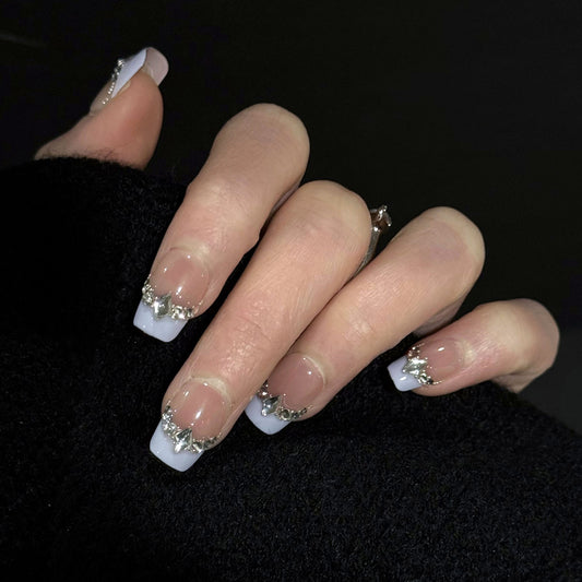 Lilac's Kiss Gems French Tip Press-On Nails – Soft Lilac with Gems Edge, Worn on Hand