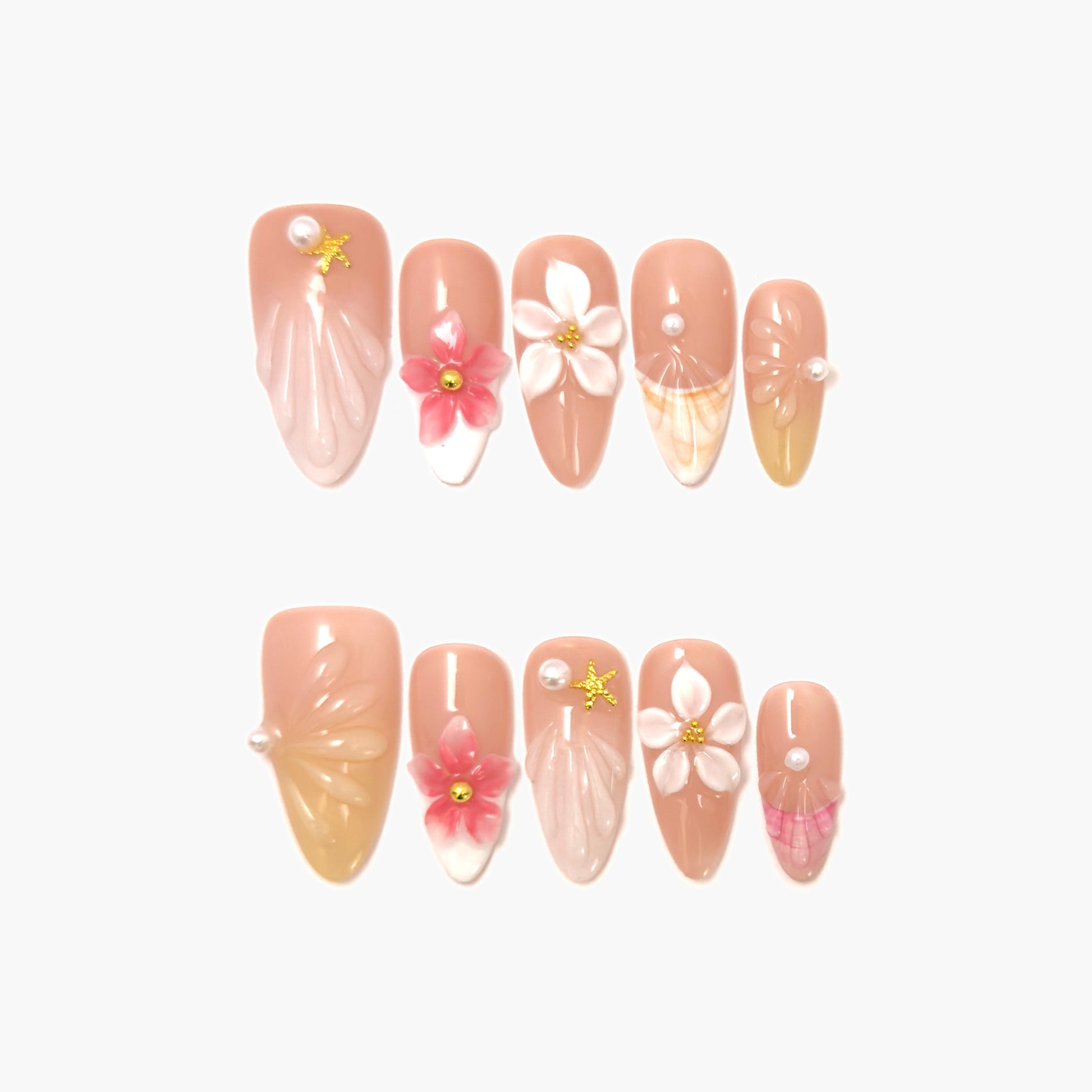 Seashell Blossom Press-On Nails – Nude Base with 3D Seashell and Flower Accents, Medium Almond Full-Cover Set