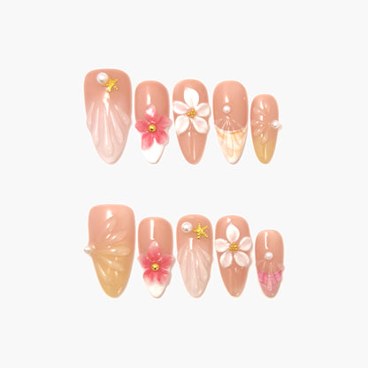 Seashell Blossom Press-On Nails – Nude Base with 3D Seashell and Flower Accents, Medium Almond Full-Cover Set