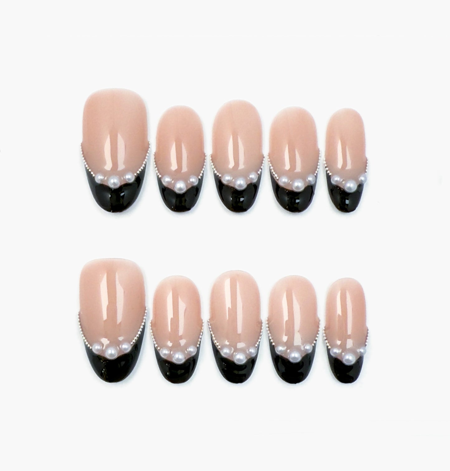 Black Velvet Press-On Nails – Nude Base with Black French Tip and Pearls Accents, Medium Oval Full-Cover Set