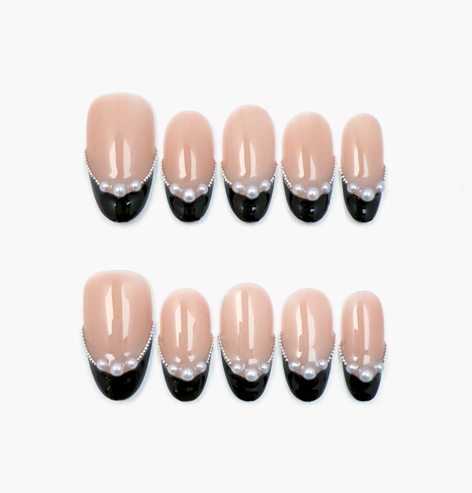 Black Velvet Press-On Nails – Nude Base with Black French Tip and Pearls Accents, Medium Oval Full-Cover Set