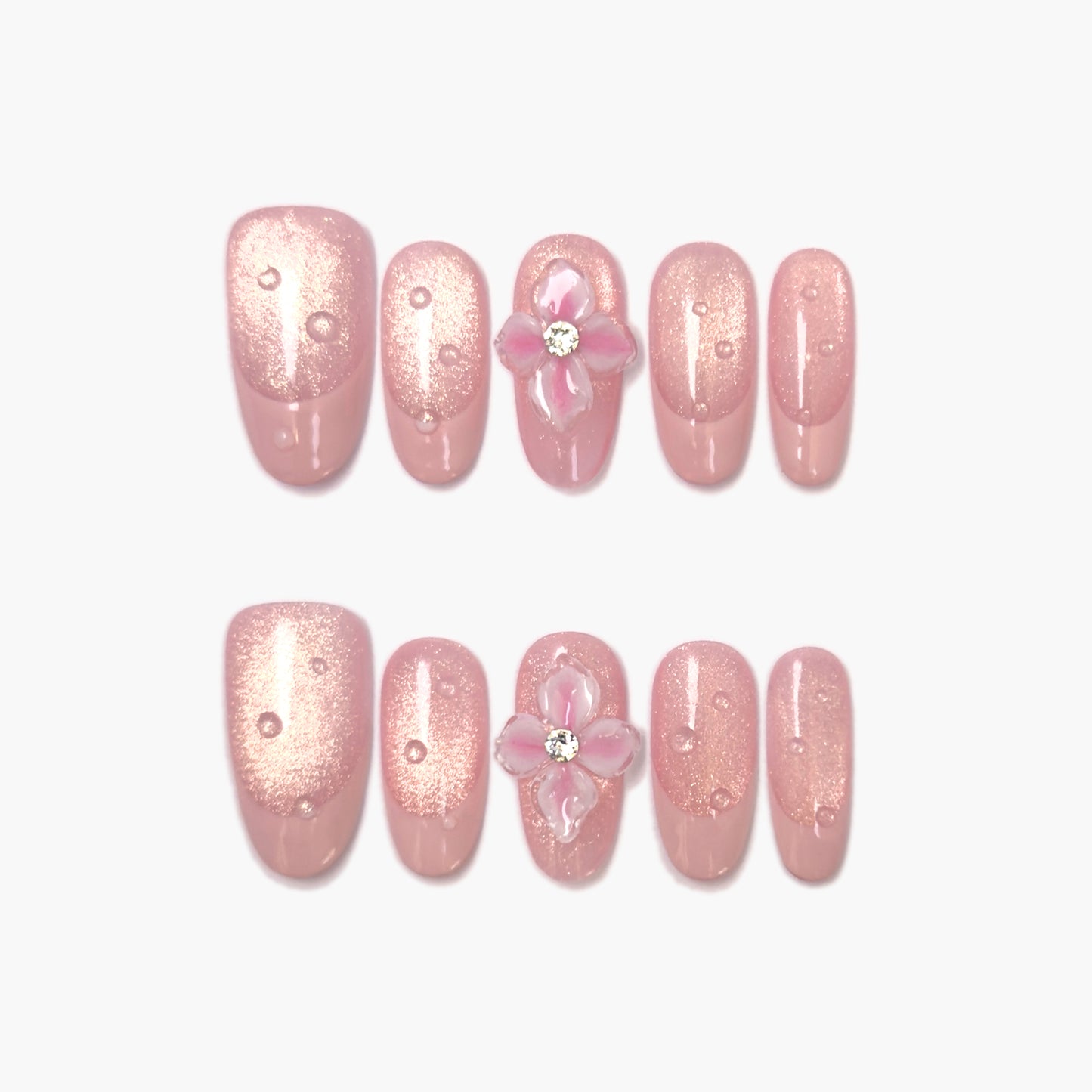 Mystic Fleur Press-On Nails – Warm Pink Glitter Cat Eye with 3D Pink Blossom & Water Droplets, Medium Oval Full-Cover Set