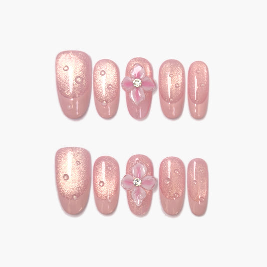 Mystic Fleur Press-On Nails – Warm Pink Glitter Cat Eye with 3D Pink Blossom & Water Droplets, Medium Oval Full-Cover Set