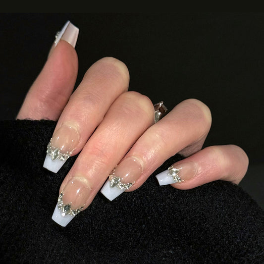 Lilac's Kiss Gems French Tip Press-On Nails – Soft Lilac with Gems Edge, Worn on Hand