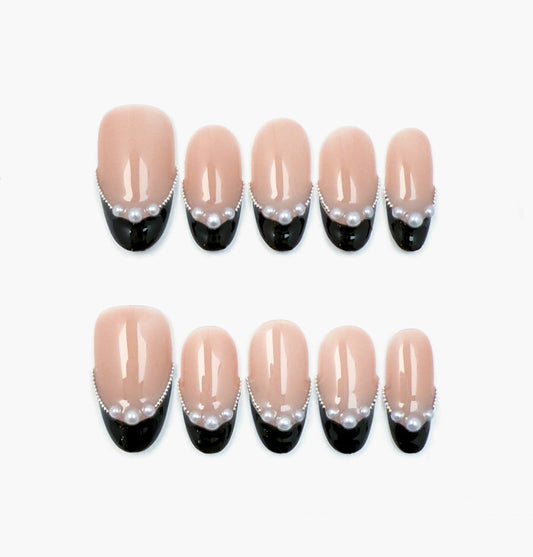 Black Velvet Press-On Nails – Nude Base with Black French Tip and Pearls Accents, Medium Oval Full-Cover Set