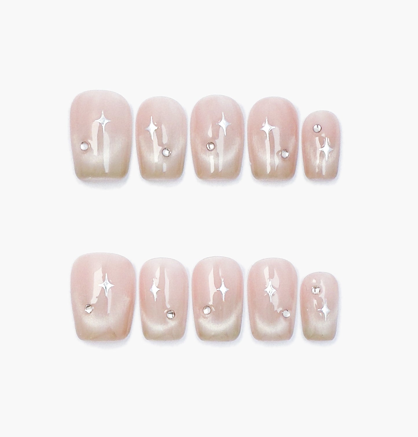 Stellar Blush Press-On Nails – Nude Base with Cat Eye Gradient and Star-Shaped Gems Accents, Short Coffin Full-Cover Set