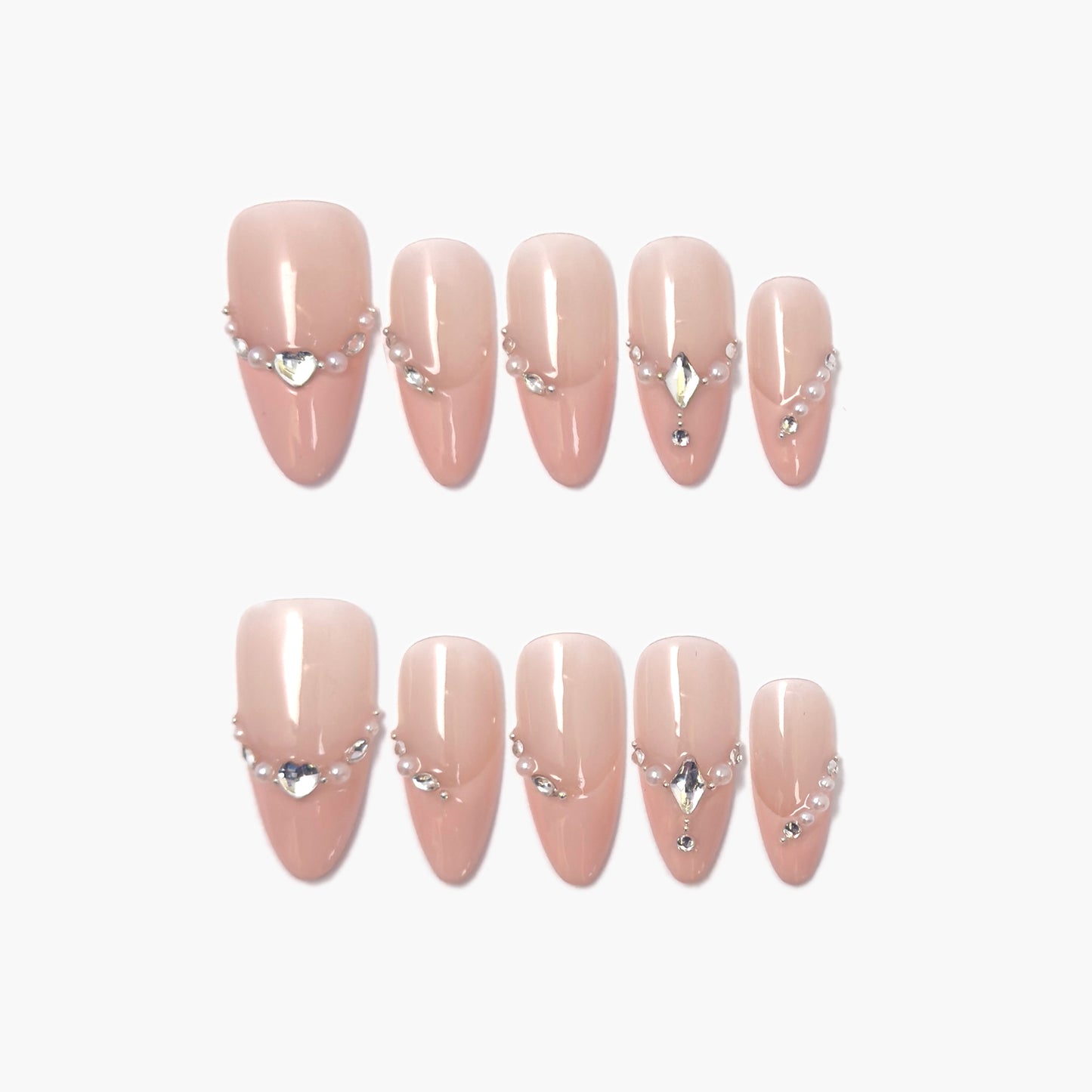 Chain of Hearts Press-On Nails – Nude Base with Gems & Pearls Chain and Teardrop Accent, Medium Almond Full-Cover Set