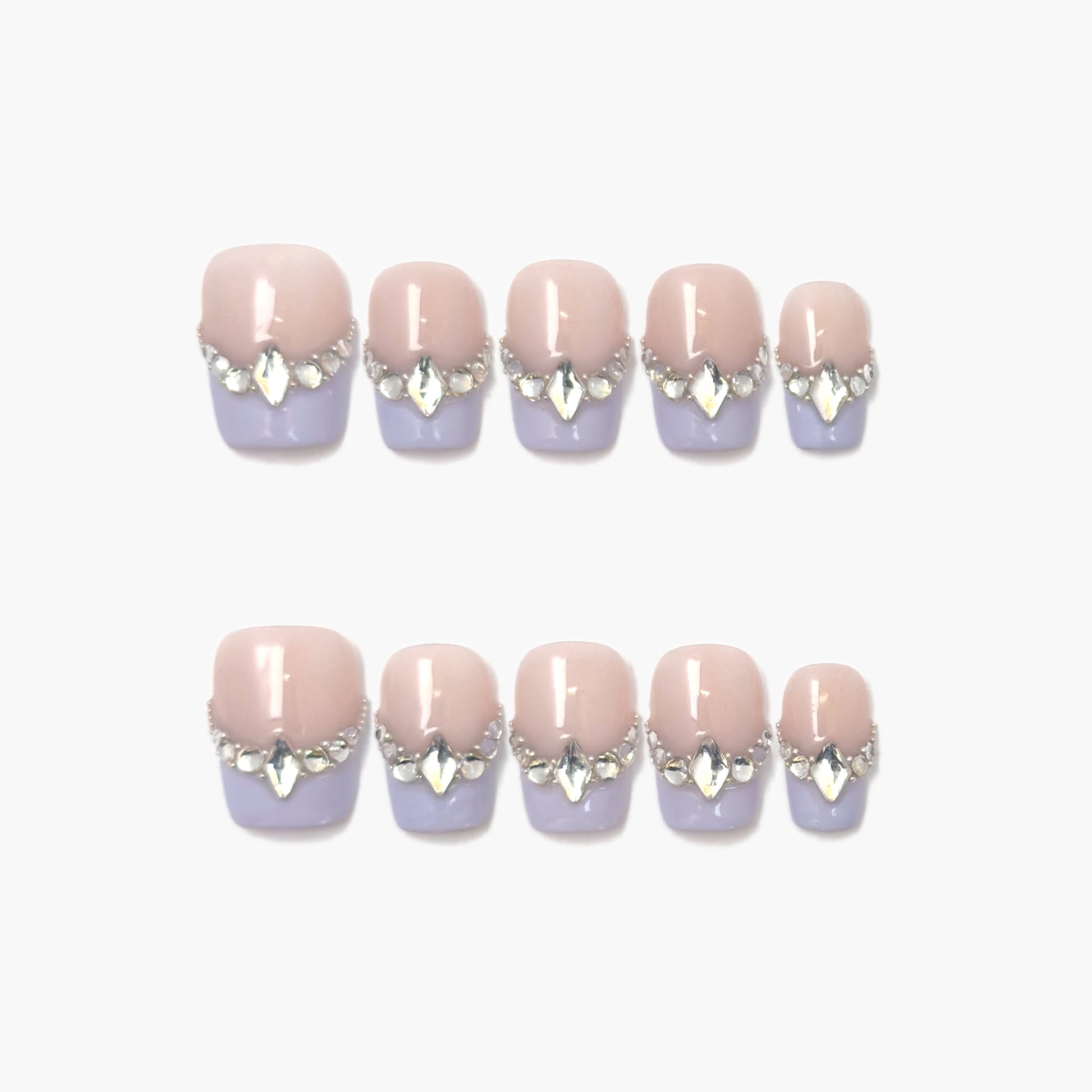 Lilac's Kiss Press-On Nails – Soft Lilac French Tip with Gems Edge, Short Coffin Full-Cover Set