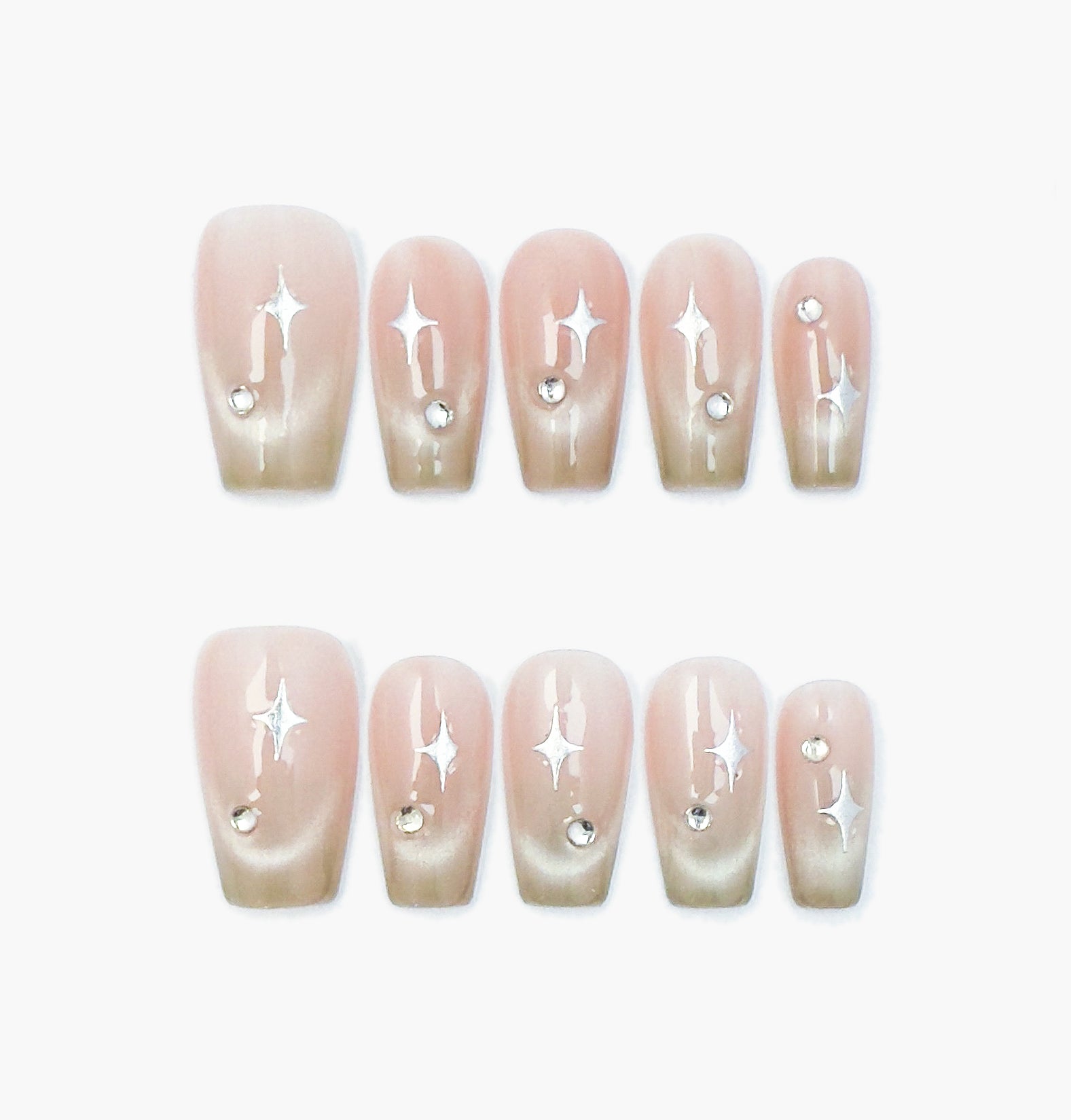 Stellar Blush Press-On Nails – Nude Base with Cat Eye Gradient and Star-Shaped Gems Accents, Medium Coffin Full-Cover Set