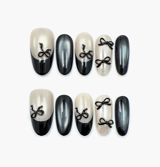 Noir Press-On Nails – Silver & Black Gradient Cat Eye with 3D Black Bow, Medium Oval Full-Cover Set
