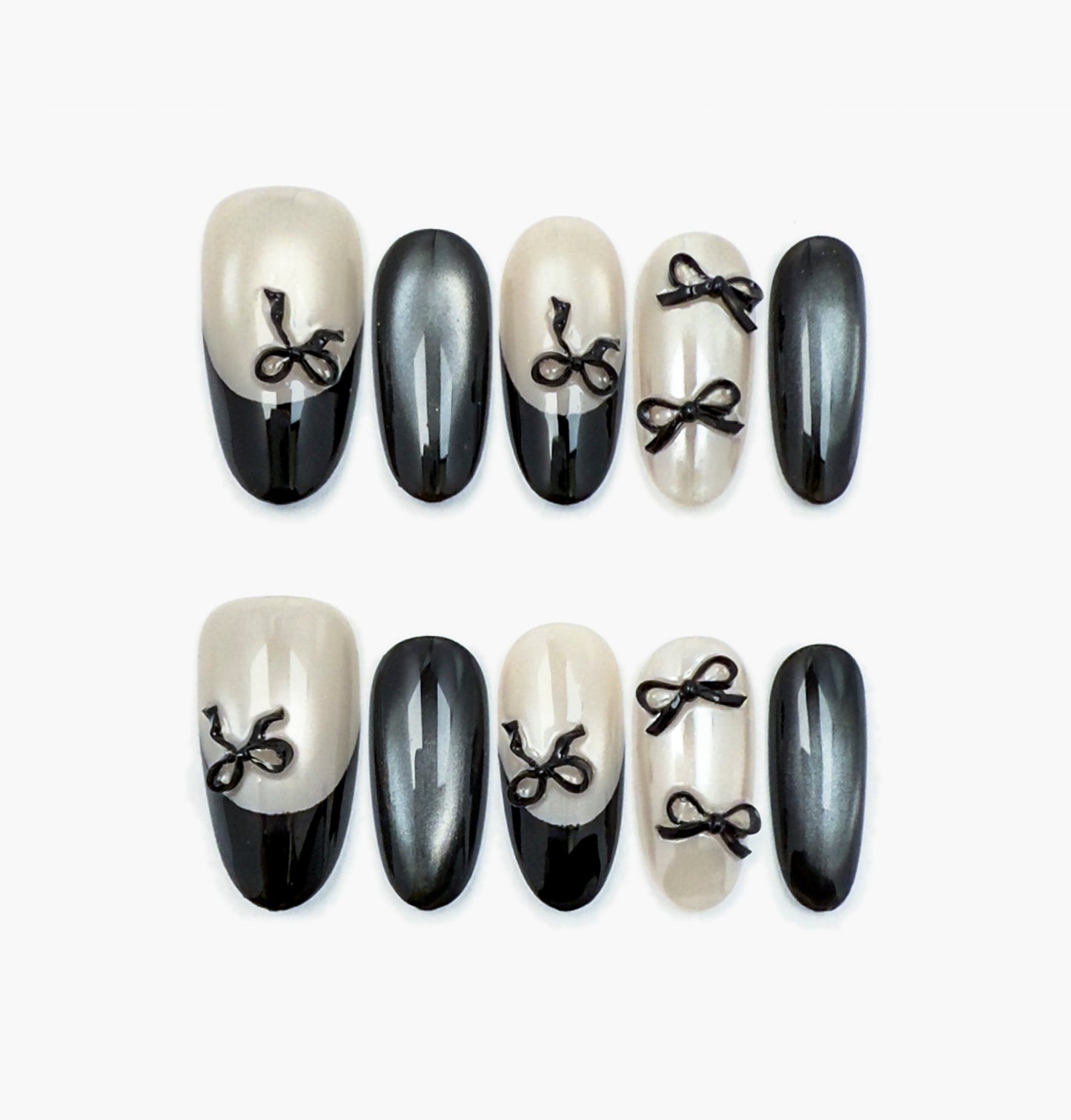 Noir Press-On Nails – Silver & Black Gradient Cat Eye with 3D Black Bow, Medium Oval Full-Cover Set