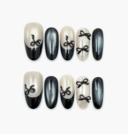 Noir Press-On Nails – Silver & Black Gradient Cat Eye with 3D Black Bow, Medium Oval Full-Cover Set