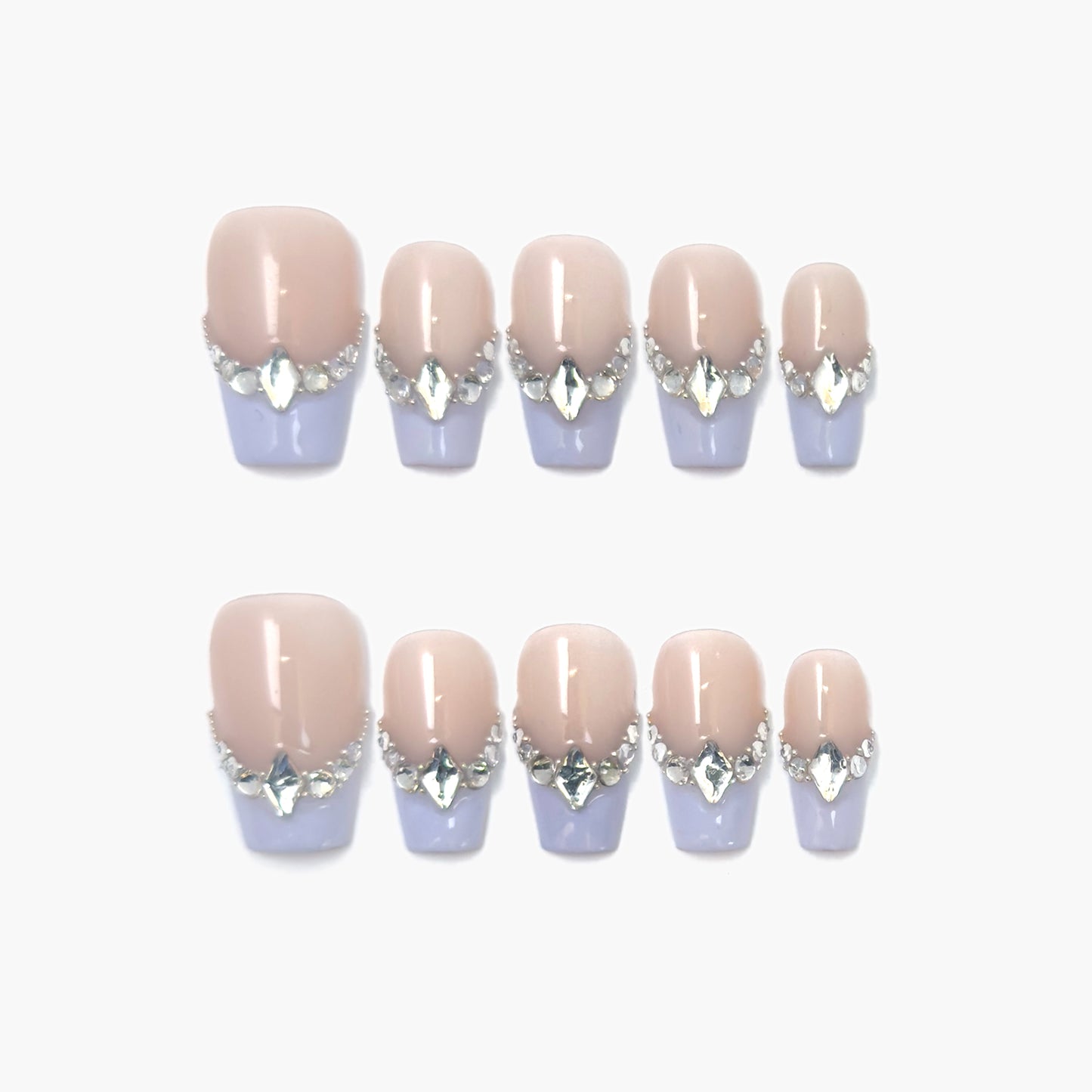 Lilac's Kiss Press-On Nails – Soft Lilac French Tip with Gems Edge, Medium Coffin Full-Cover Set