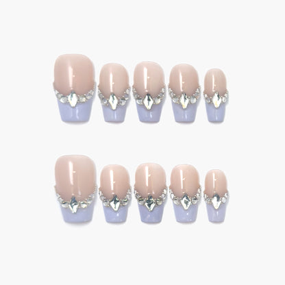 Lilac's Kiss Press-On Nails – Soft Lilac French Tip with Gems Edge, Medium Coffin Full-Cover Set
