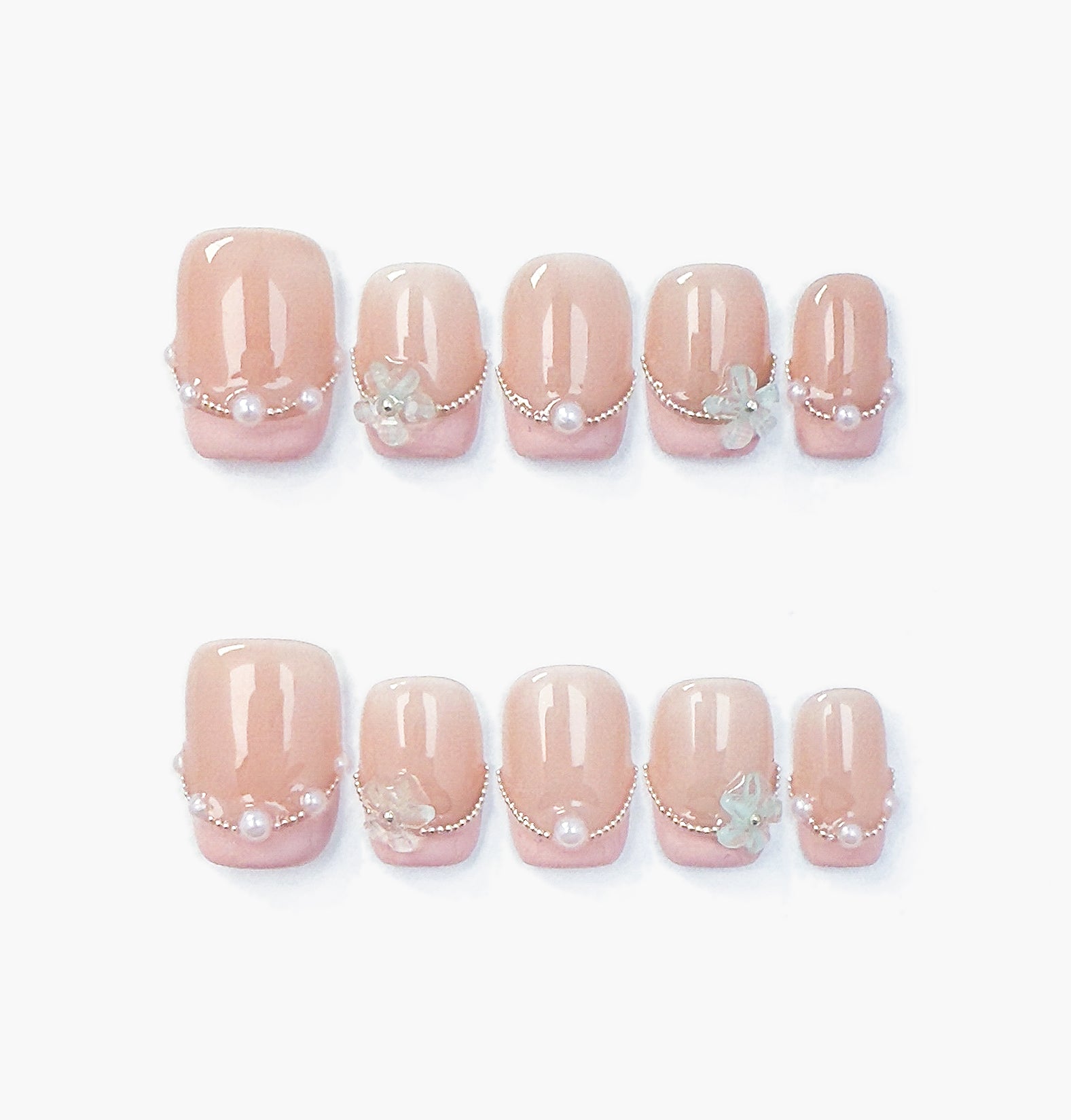In the Clouds Press-On Nails – Pink French Tip with Pearls Chain and Blue Flower Accents, Short Square Full-Cover Set