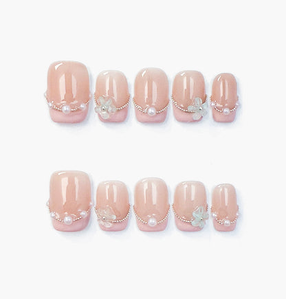 In the Clouds Press-On Nails – Pink French Tip with Pearls Chain and Blue Flower Accents, Short Square Full-Cover Set