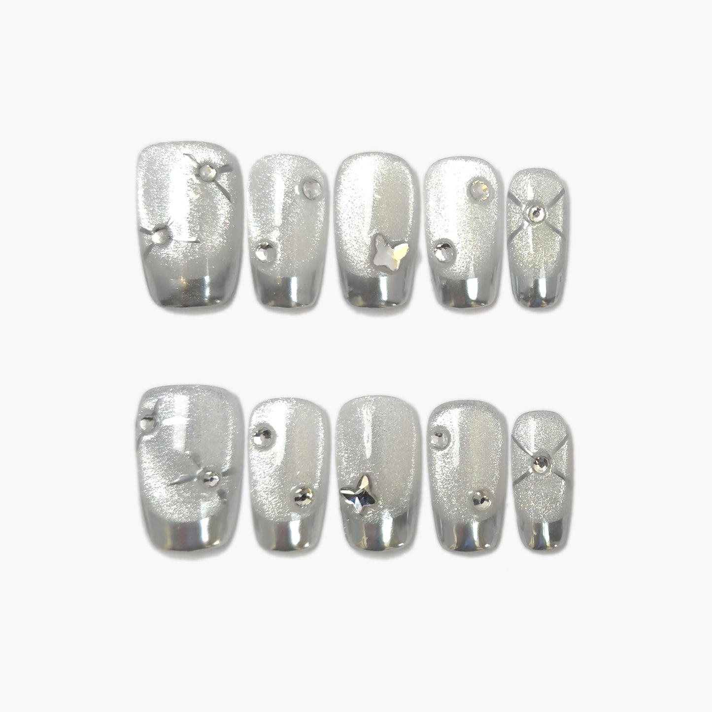 Platinum Press-On Nails – Metallic Silver Cat Eye with Gems Accents, Medium Square Full-Cover Set