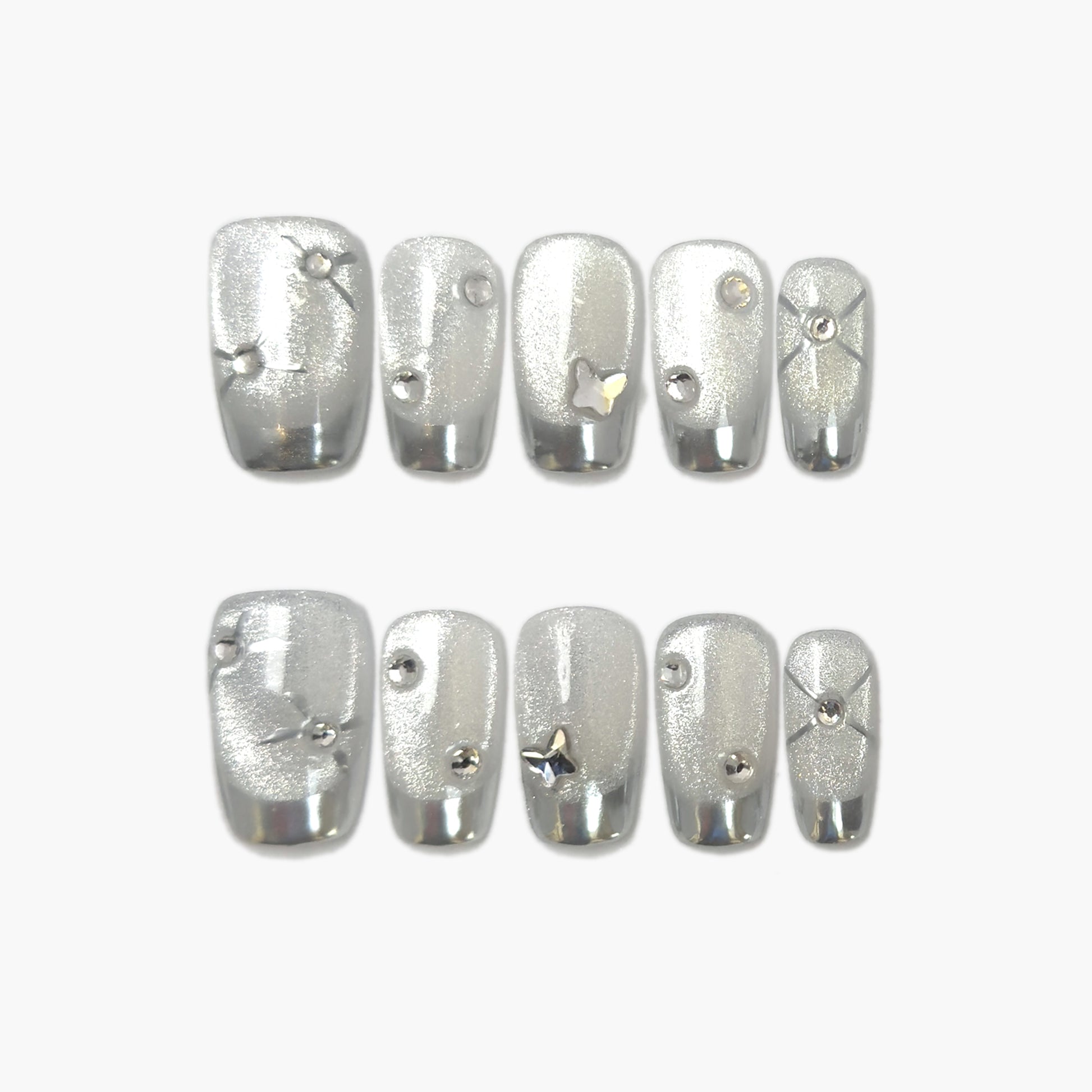 Platinum Press-On Nails – Metallic Silver Cat Eye with Gems Accents, Medium Square Full-Cover Set