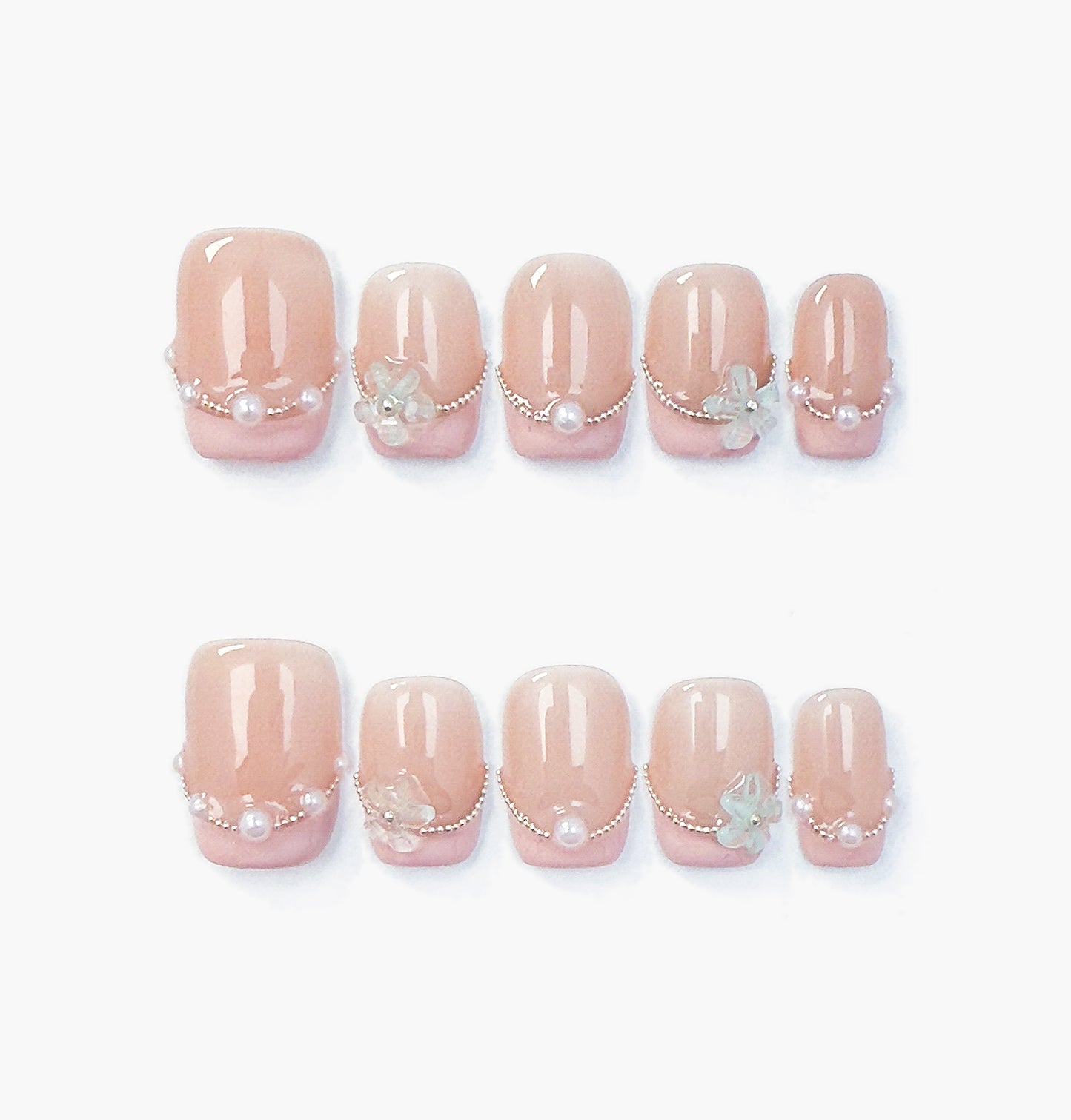 In the Clouds Press-On Nails – Nude Base with Pink Gradient, Pearls Accents and Blue Flowers, Short Square Full-Cover Set