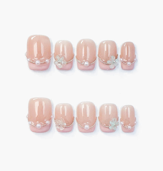 In the Clouds Press-On Nails – Nude Base with Pink Gradient, Pearls Accents and Blue Flowers, Short Square Full-Cover Set