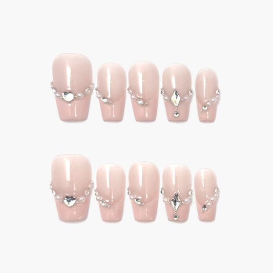 Chain of Hearts Press-On Nails – Nude Base with Gems & Pearls Chain and Teardrop Accent, Medium Coffin Full-Cover Set