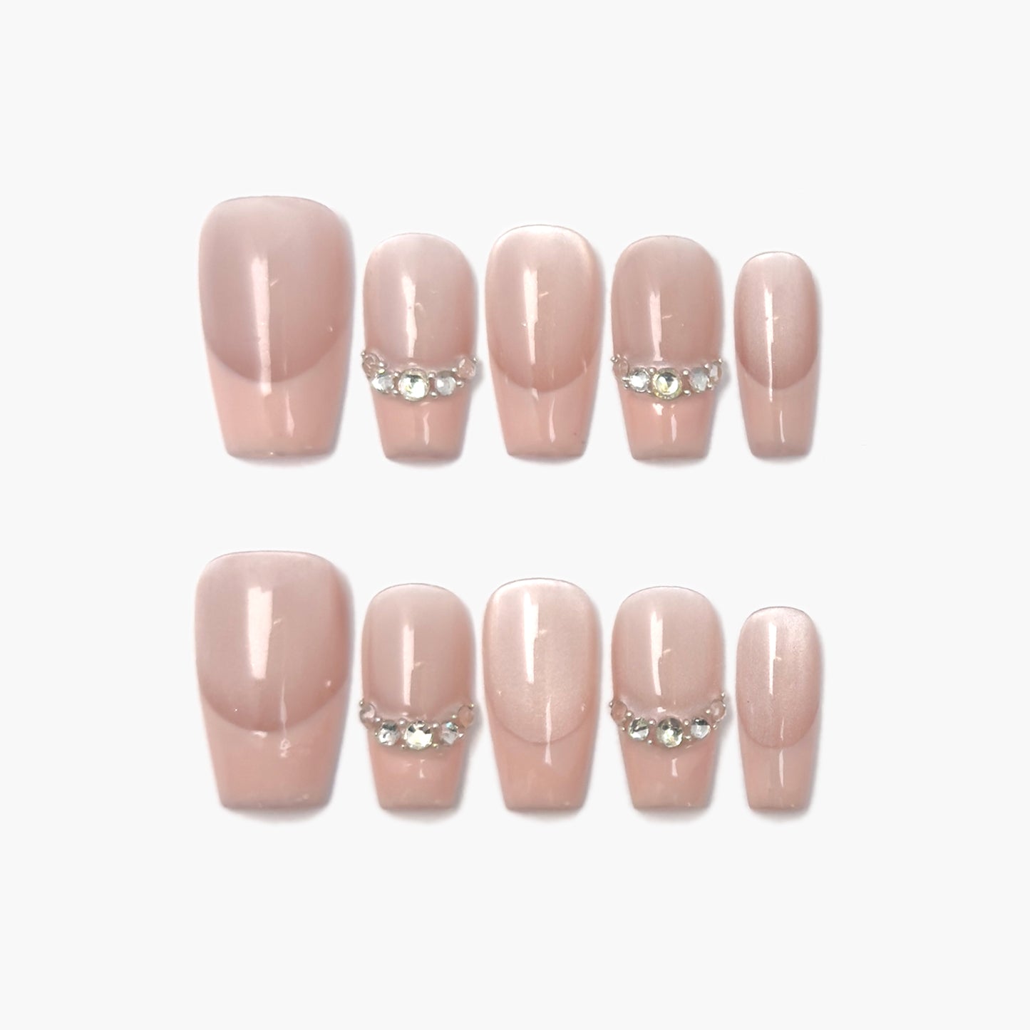 Athena Press-On Nails – Soft Nude Cat Eye with Gems Chain, Medium Coffin Full-Cover Set