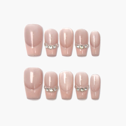 Athena Press-On Nails – Soft Nude Cat Eye with Gems Chain, Medium Coffin Full-Cover Set