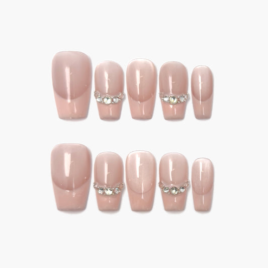 Athena Press-On Nails – Soft Nude Cat Eye with Gems Chain, Medium Coffin Full-Cover Set