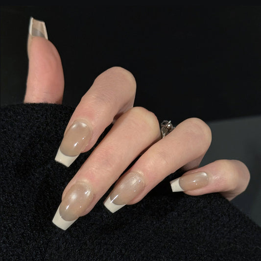 Nude Glow Cat Eye French Tip Press-On Nails – Nude Gradient Base, Worn on Hand