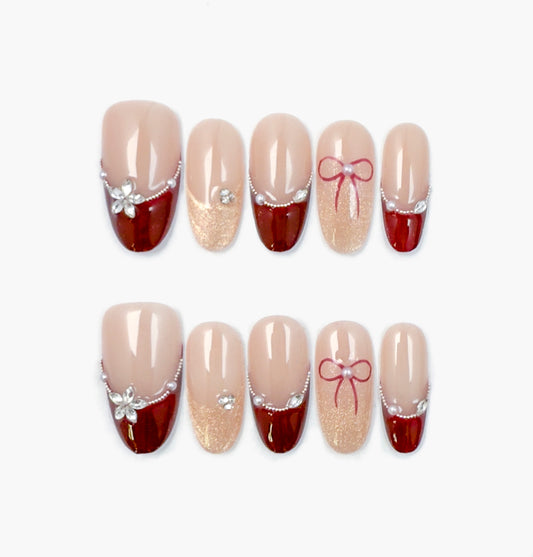 For You Press-On Nails – Dark Wine Red French Tip with Diamond Accents, Medium Oval Full-Cover Set