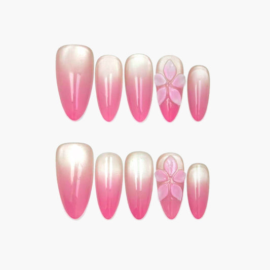 Muse Press-On Nails – Pink Gradient with 3D Pink Blossom Accents, Medium Almond Full-Cover Set
