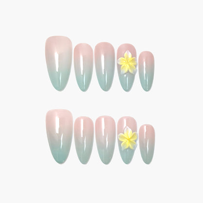 Honalulu Press-On Nails – Mint & Nude Gradient with Single 3D Yellow Petal Accent, Medium Almond Full-Cover Set