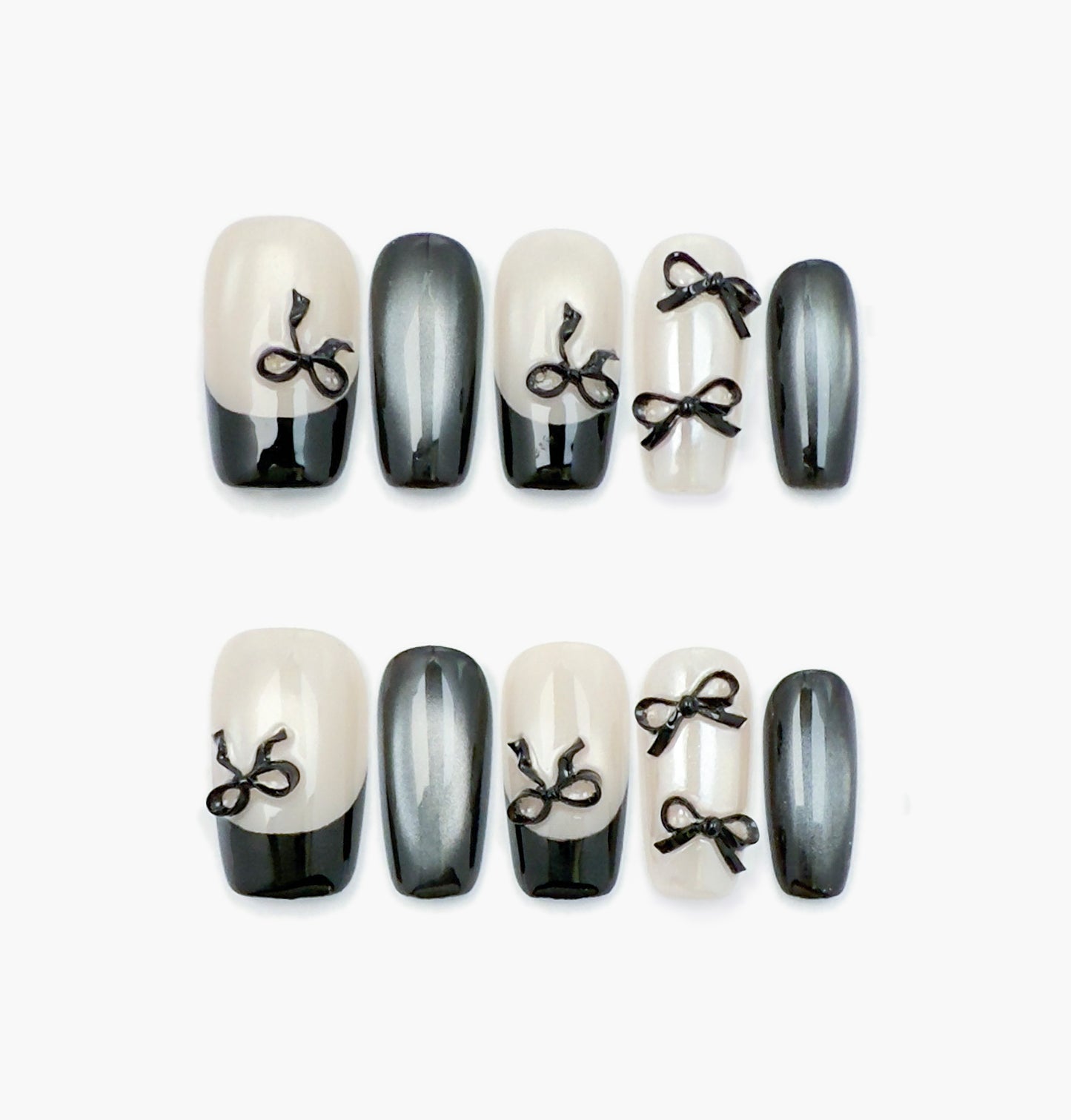 Noir Press-On Nails – Silver & Black Gradient Cat Eye with 3D Black Bow, Medium Square Full-Cover Set