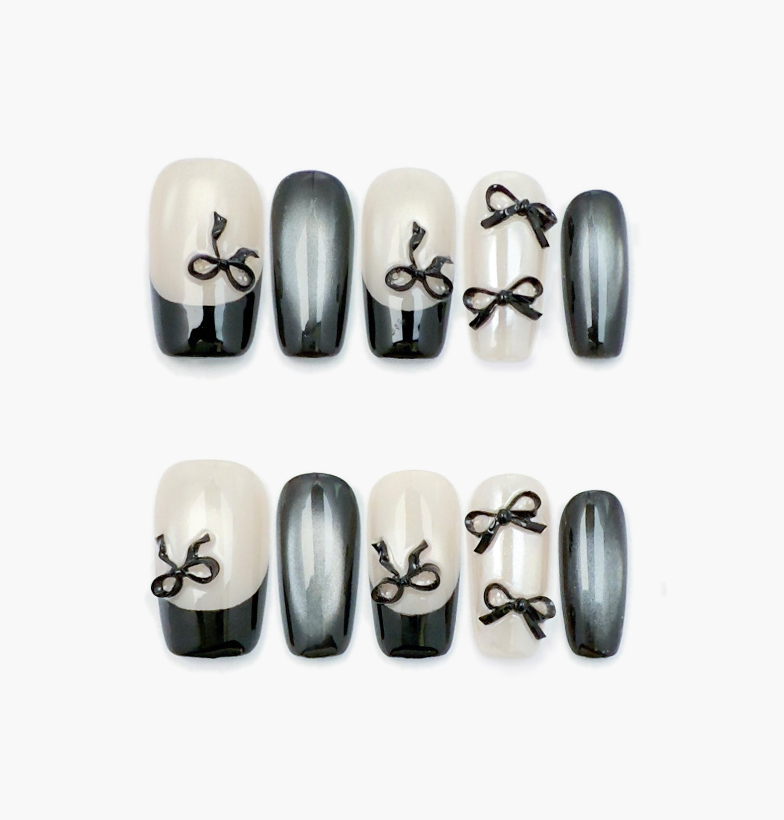Noir Press-On Nails – Silver & Black Gradient Cat Eye with 3D Black Bow, Medium Square Full-Cover Set
