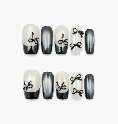 Noir Press-On Nails – Silver & Black Gradient Cat Eye with 3D Black Bow, Medium Square Full-Cover Set